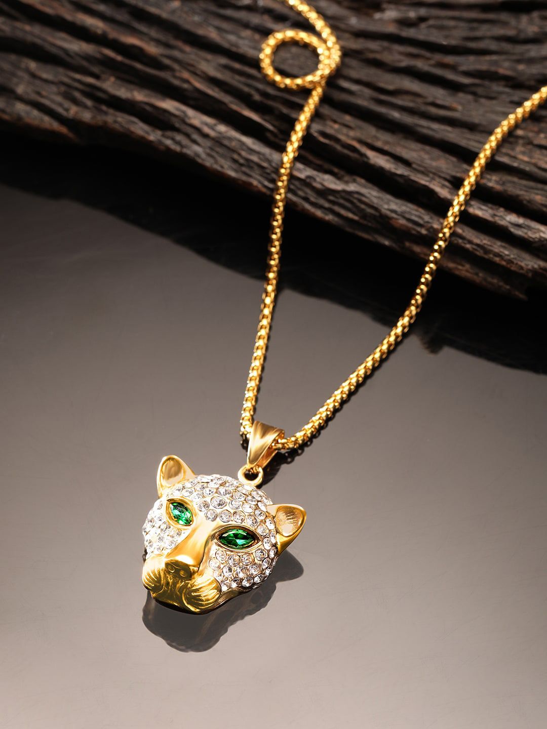 The Roadster Lifestyle Co. Men Gold Plated AD Studded Panther Pendant With Chain