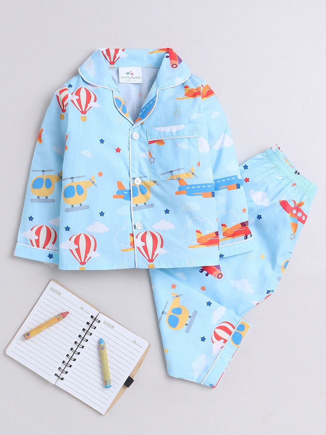 Knitting Doodles Kids Conversational Printed Pure Cotton Night Suit
