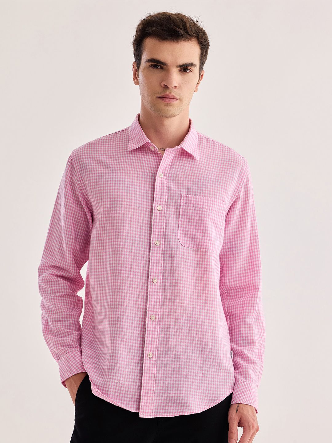 Red Flame Micro Checked Spread Collar Cotton Linen Casual Shirt