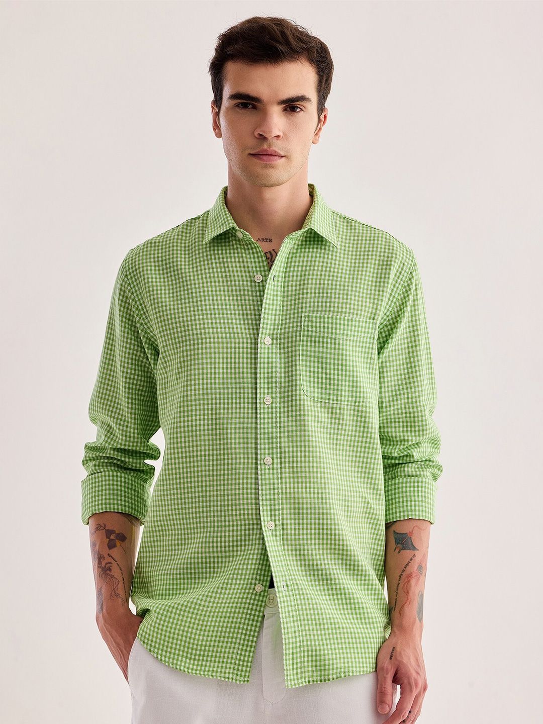 Red Flame Gingham Checked Cotton Linen Casual Shirt