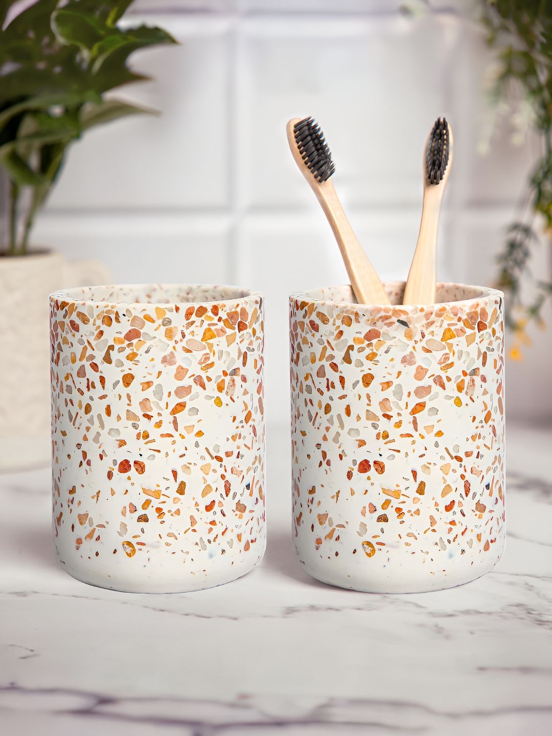 Anko White & Orange 2 Piece Abstract Toothbrush Holders
