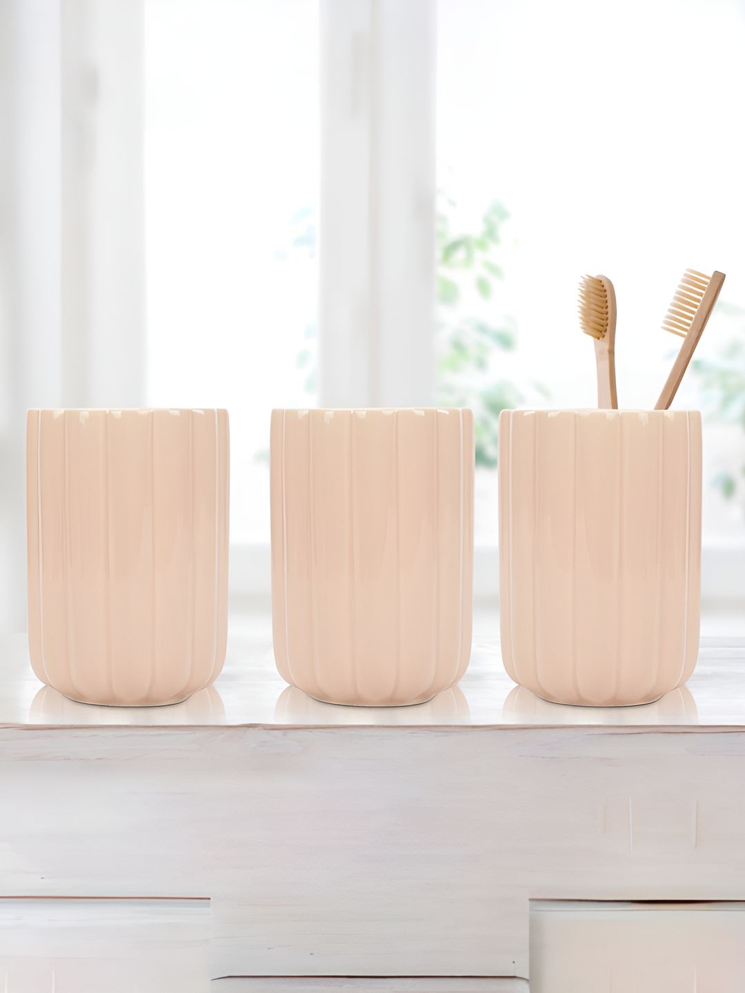 Anko Pink 3 Piece Striped Stoneware Toothbrush Holders