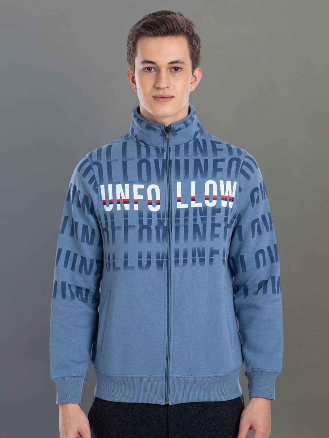 AXMANN Typography Printed Mock Collar Long Sleeves Zip Detail Front-Open Sweatshirt