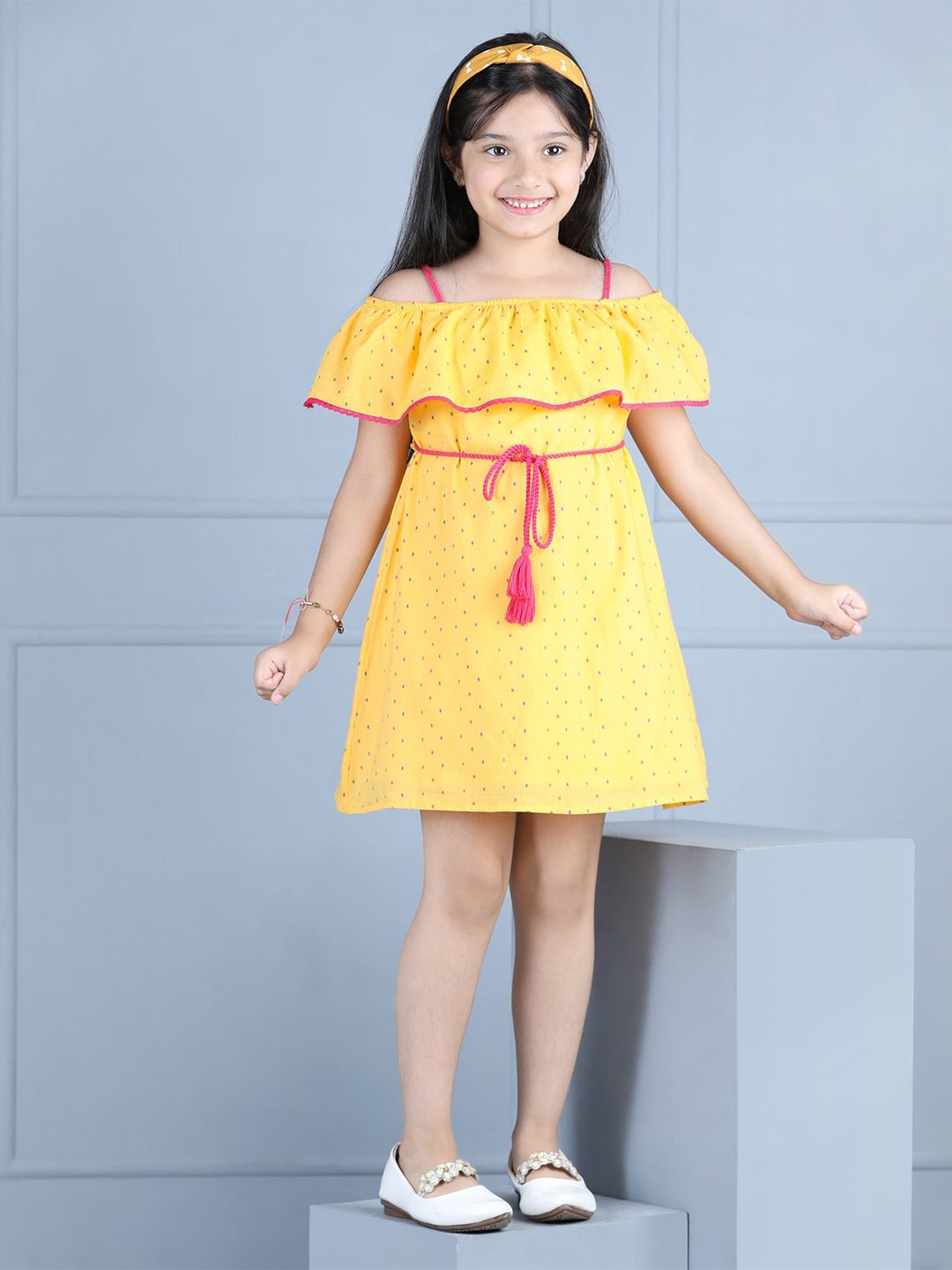 Hola Bonita Girls Polka Dot Printed Cotton Off-Shoulder Flutter Sleeve A-Line Dress