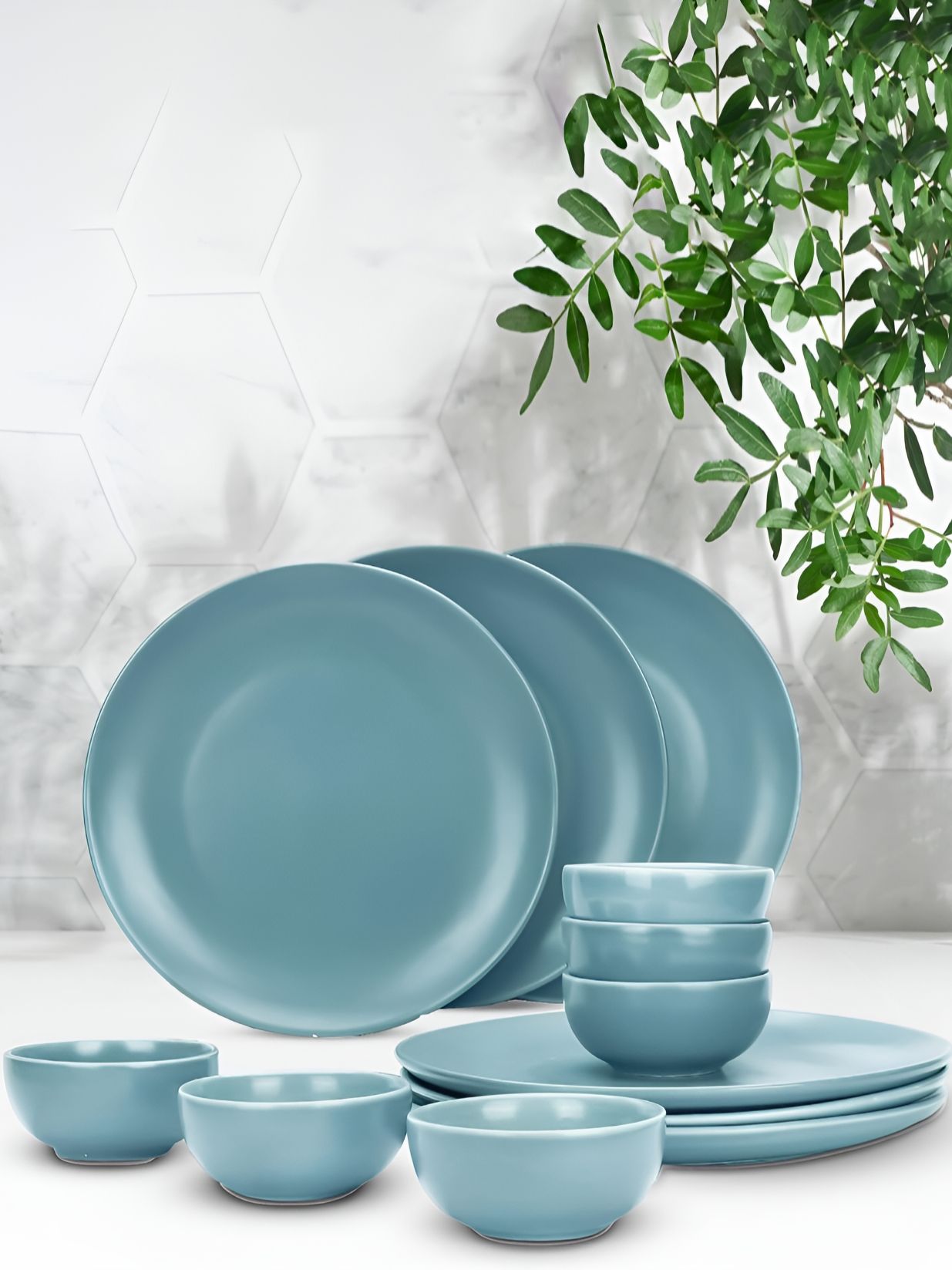 Buy Ekhasa Blue Solid Ceramic Easy to Clean 12 Piece Dinner Set