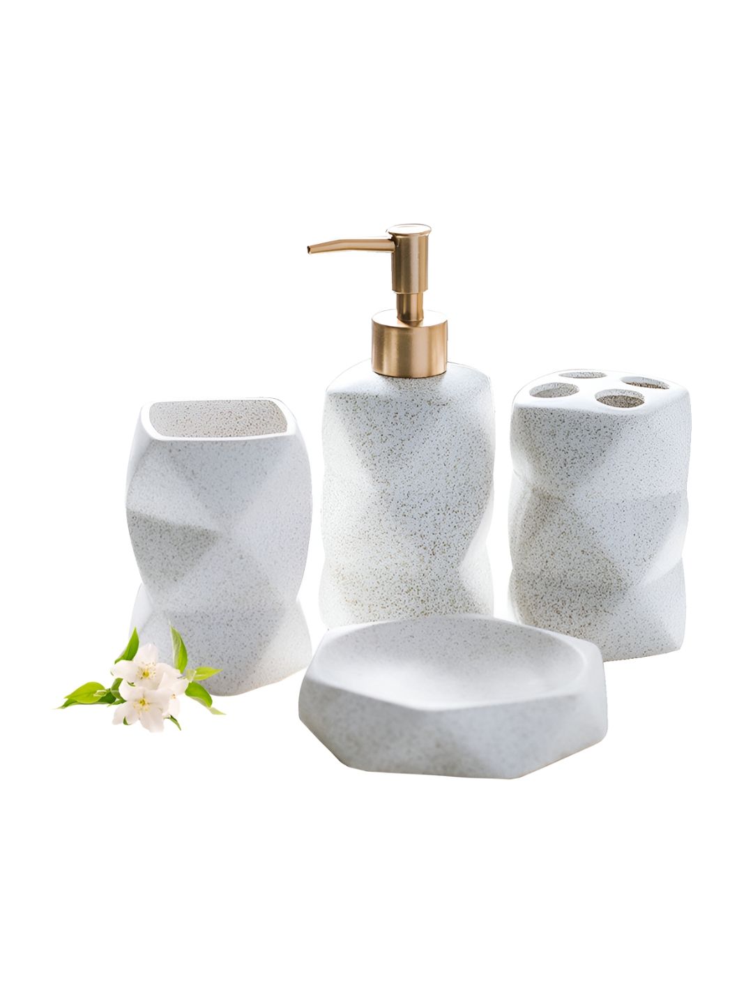 Ekhasa White & Gold-Toned 4 Piece Textured Ceramic Bath Accessories Set