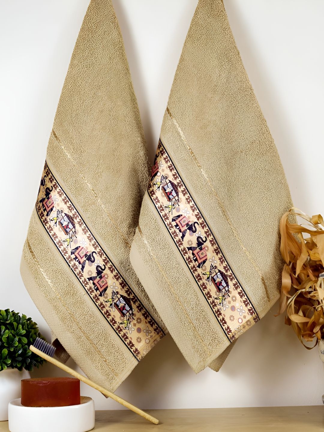 RANGOLI Beige 2 Pcs Printed Pure Cotton 440 GSM Hand Towels
