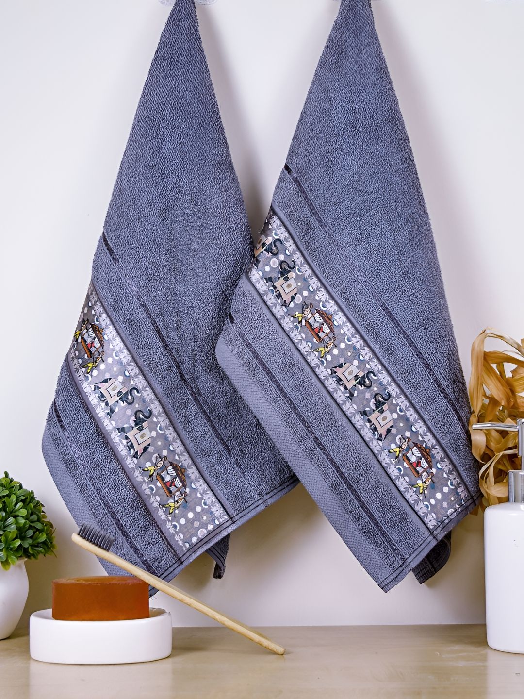 RANGOLI Grey 2 Pcs Printed Pure Cotton 440 GSM Hand Towels