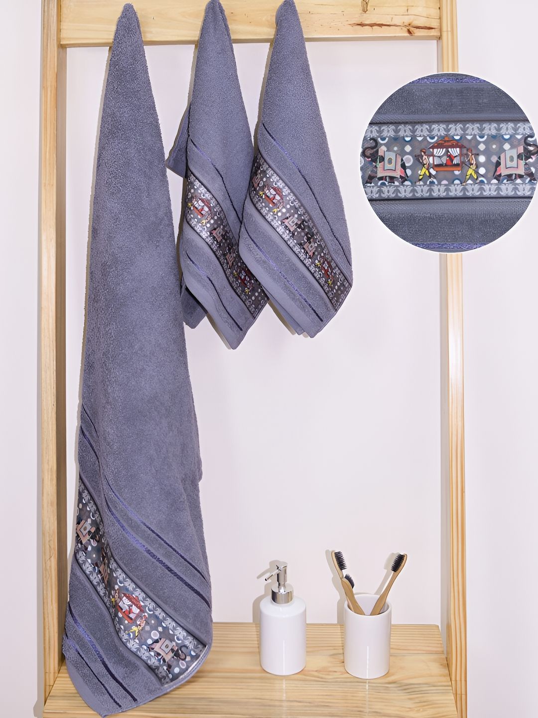 RANGOLI Grey Melange & Red 3 Piece Printed Cotton 450 GSM Towel Set