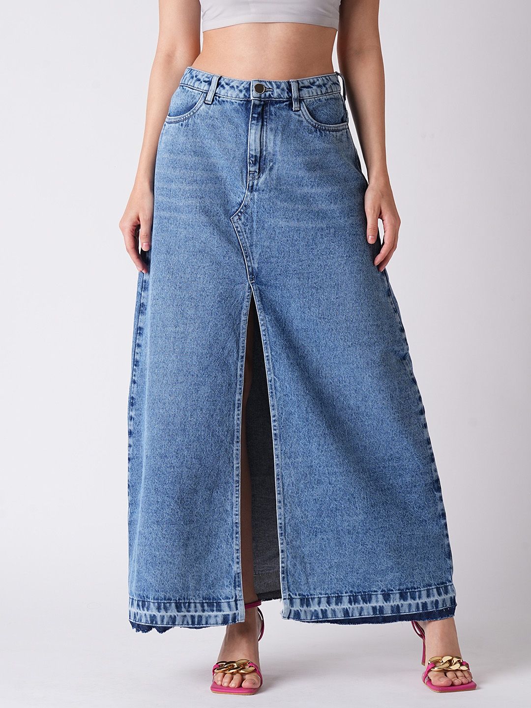 Buy Globus Front Slit Fringed A-Line Maxi Denim Skirt - Skirts for