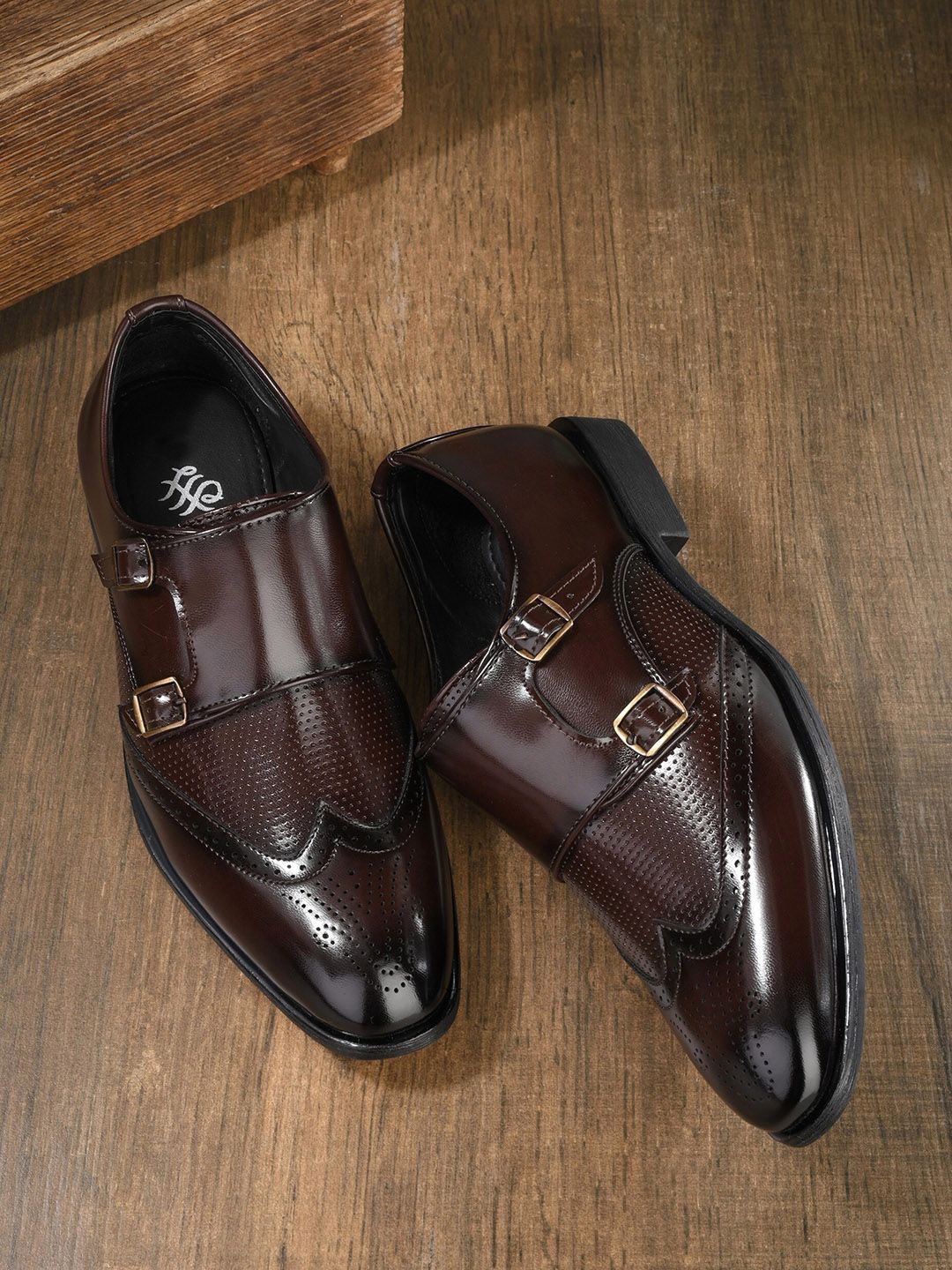 House of Pataudi Men Textured Round Toe Faux Leather Slip-On Formal Monk Shoes