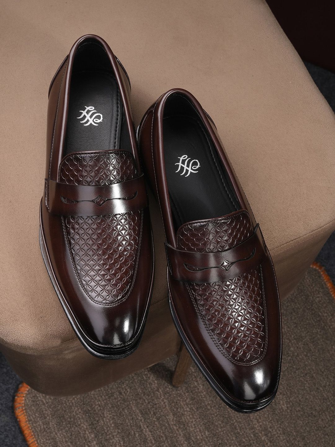House of Pataudi Men Textured Round Toe Faux Leather Slip-On Formal Loafers