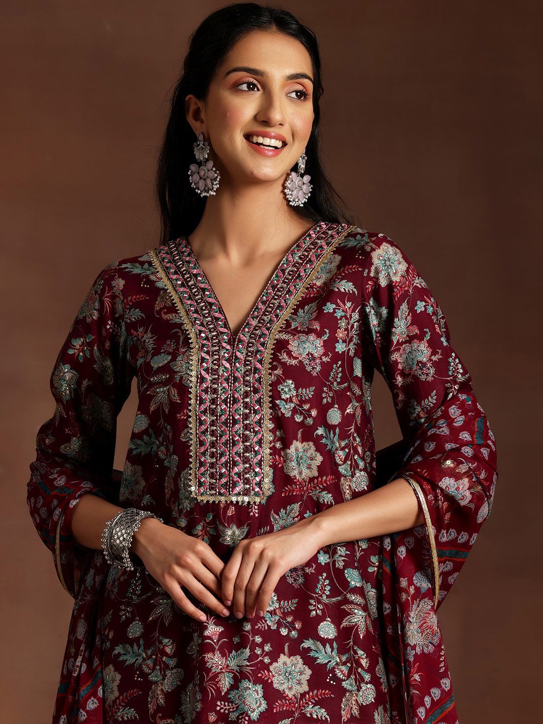 Libas Burgundy Floral Printed V-Neck Sequinned Straight Kurti With Dhoti Pants & Dupatta