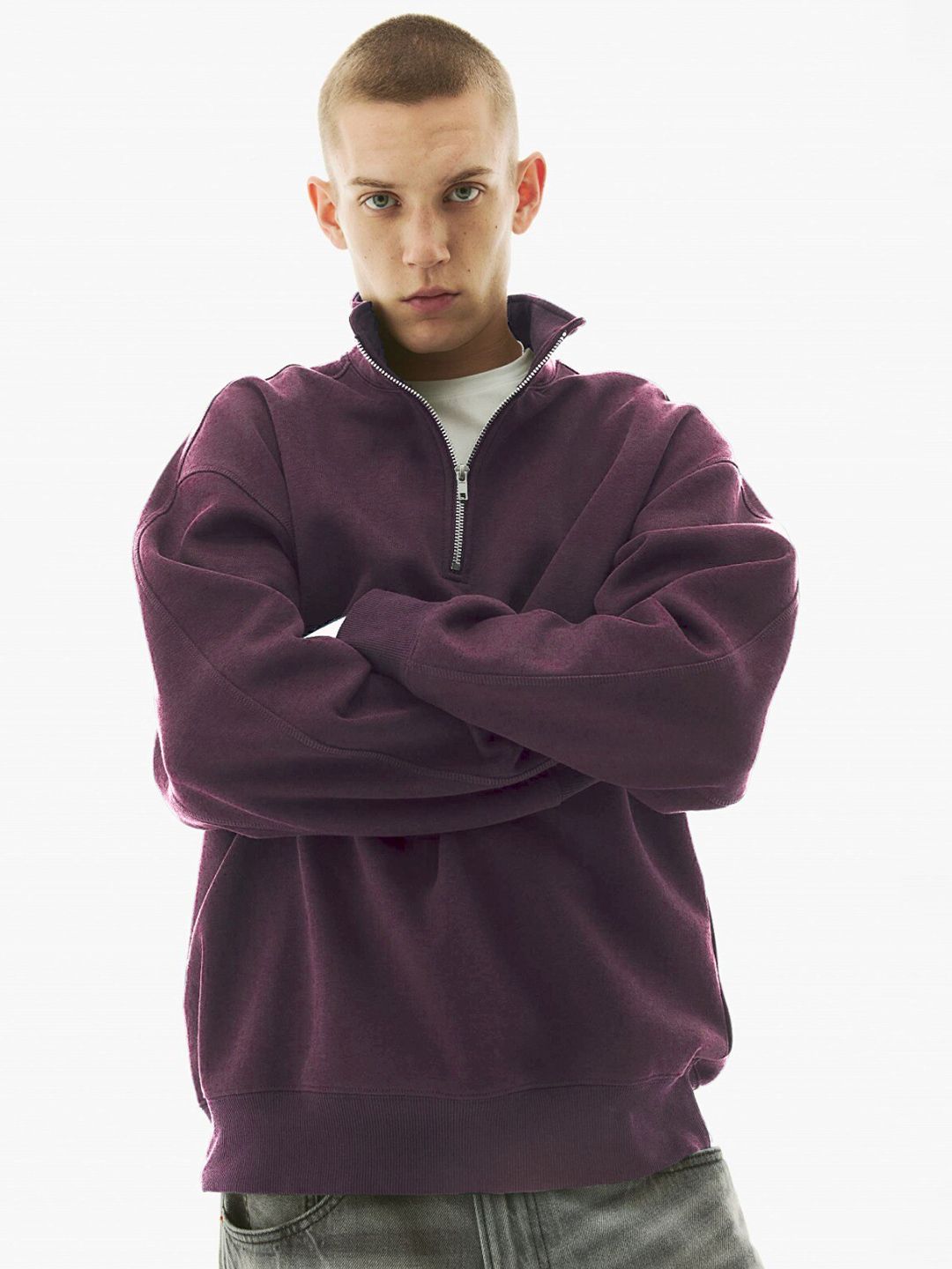MISCHIEF MONKEY Mock Collar Ribbed Half Zipper Cotton Fleece Pullover Sweatshirt