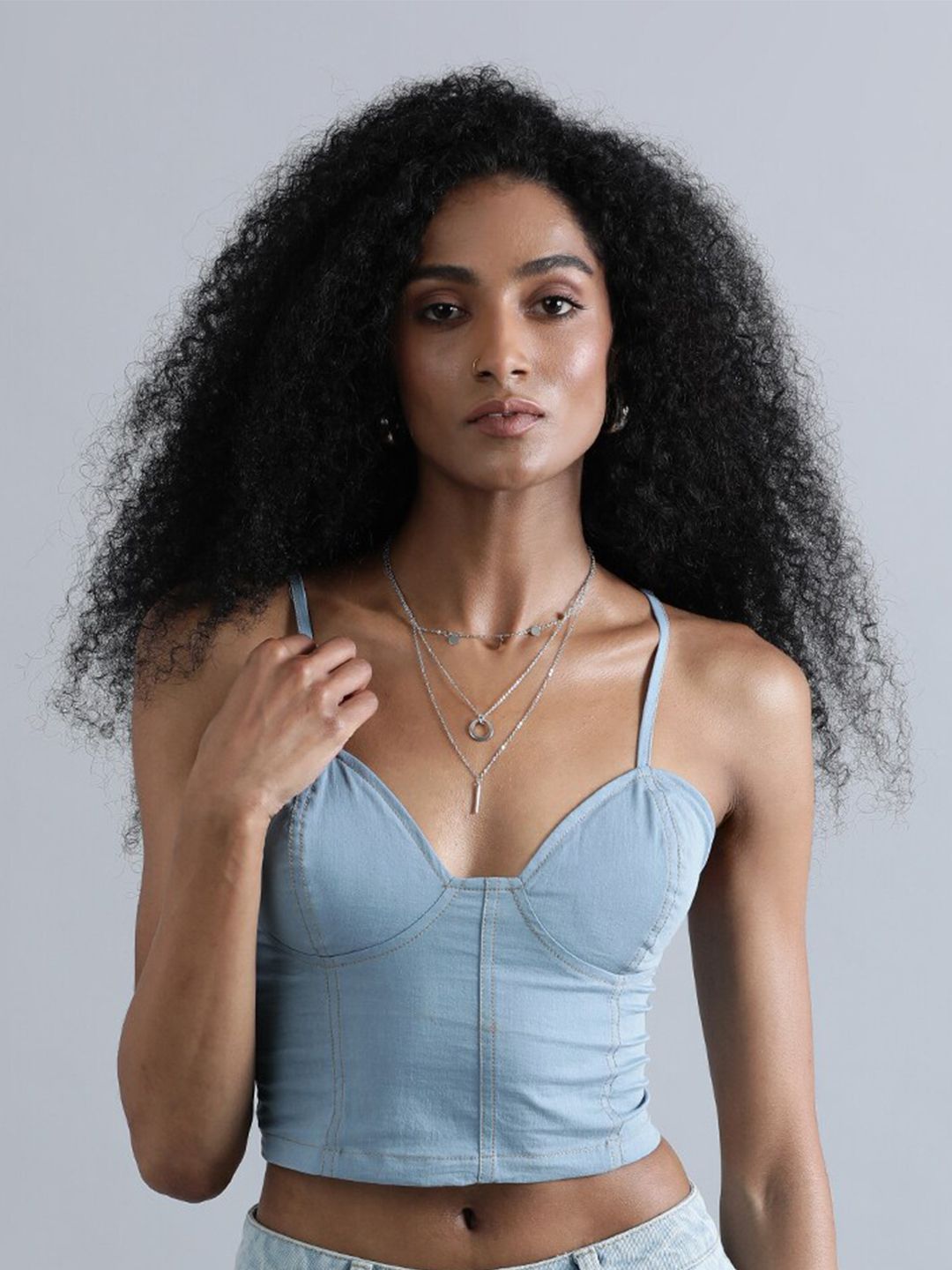 Buy Bene Kleed Shoulder Straps Sleeveless Smocked Denim Corset