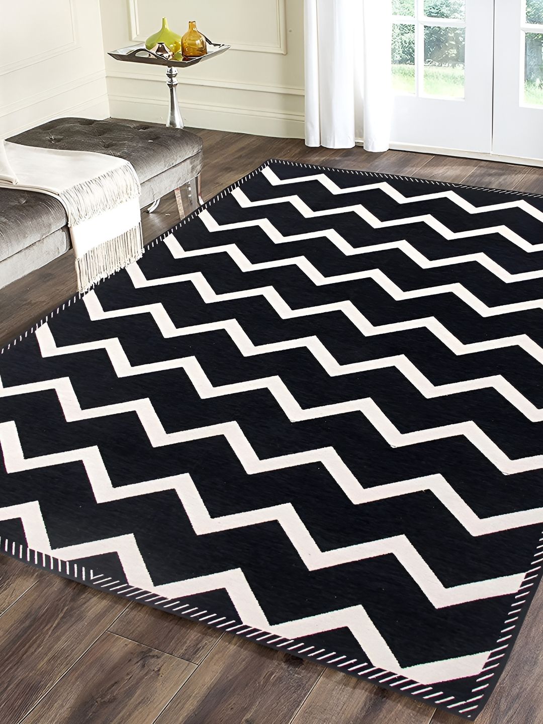 Sparrow world Black & White Geometric Printed Velvet Chennille Rectangular Carpet