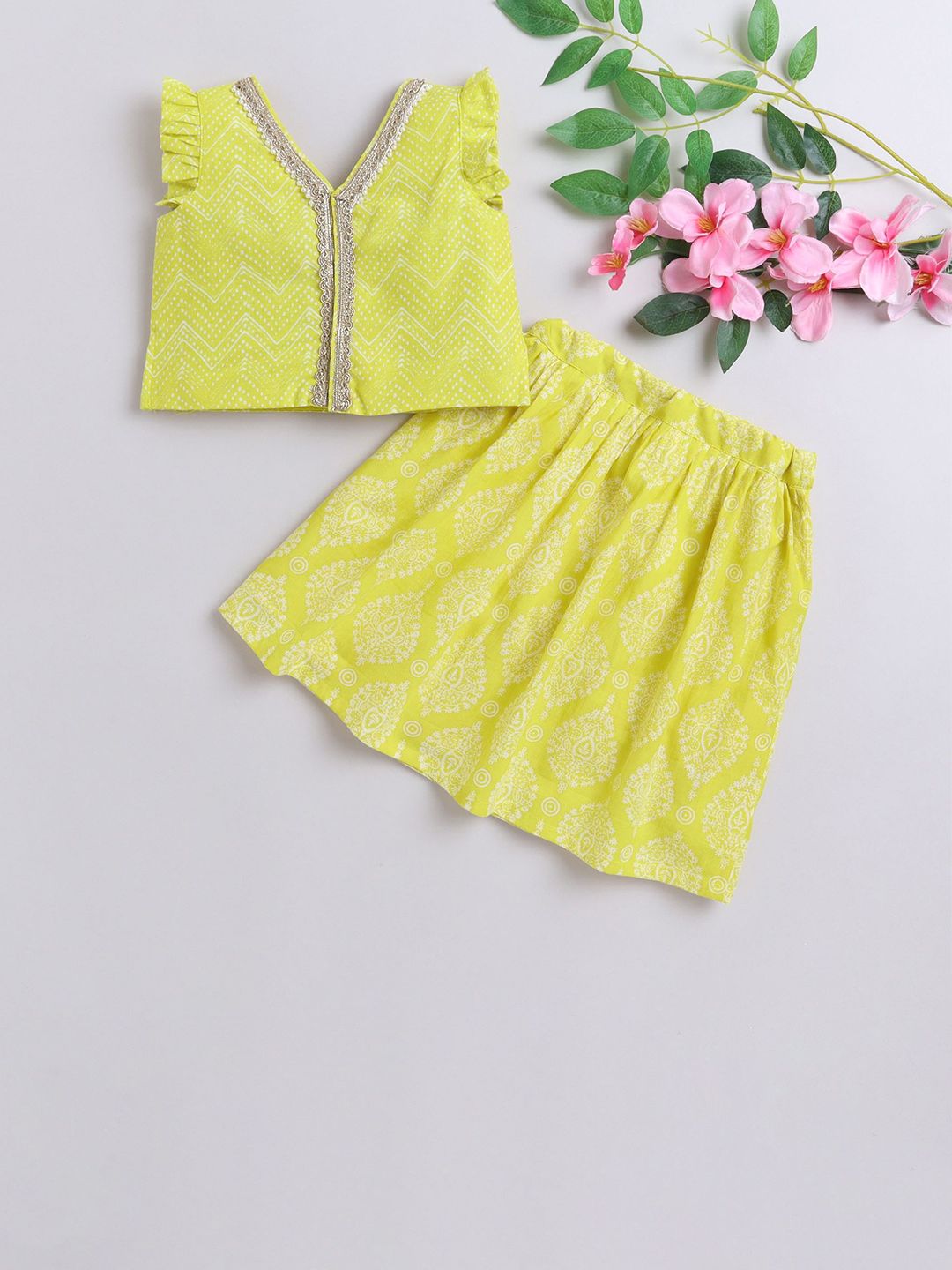 MANY FROCKS & Girls Printed V-Neck Flutter Sleeves Cotton Ready to Wear Lehenga Set