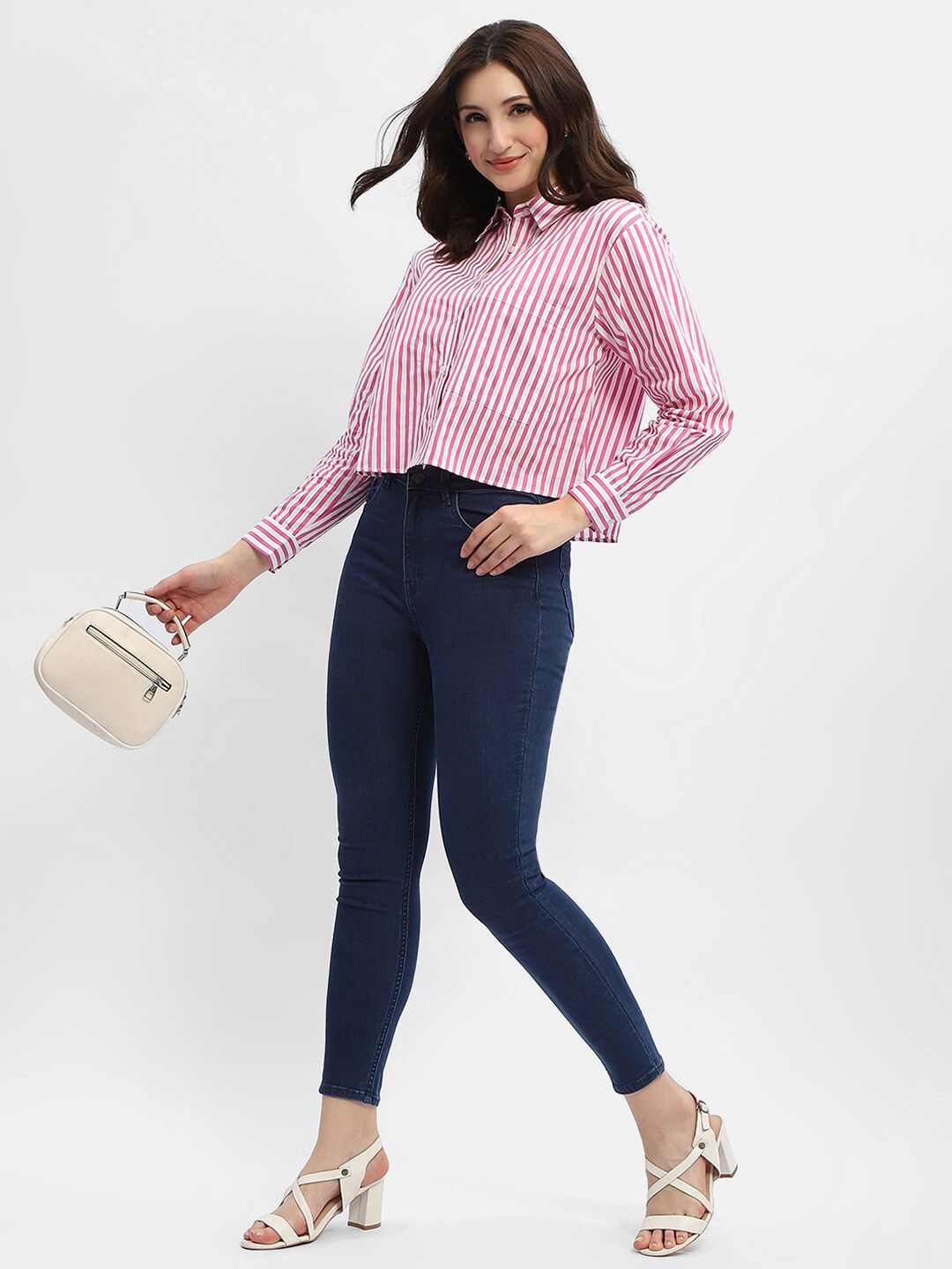 Buy Madame Vertical Striped Pure Cotton Crop Casual Shirt - Shirts