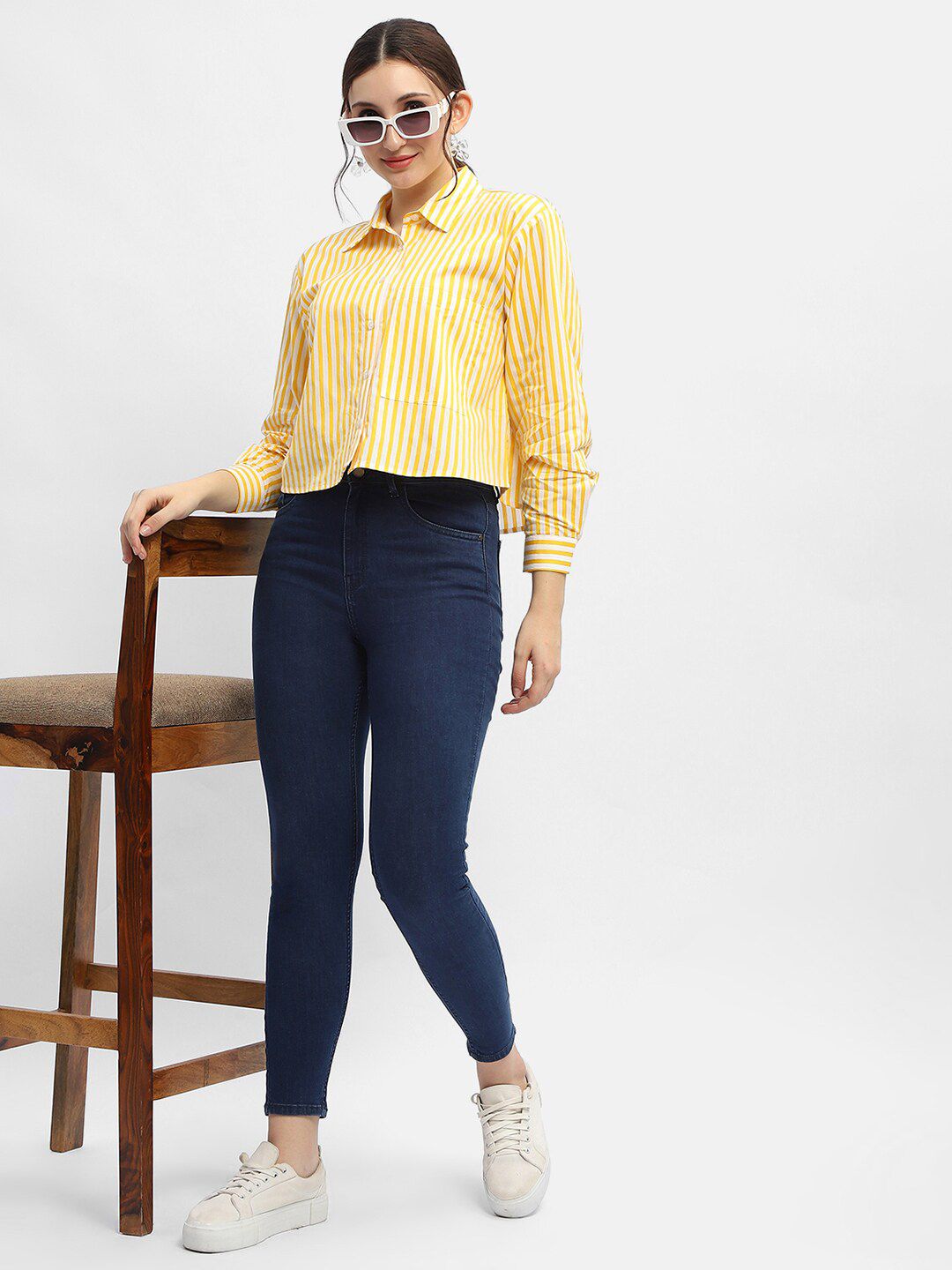 Buy Madame Vertical Striped Pure Cotton Crop Casual Shirt - Shirts