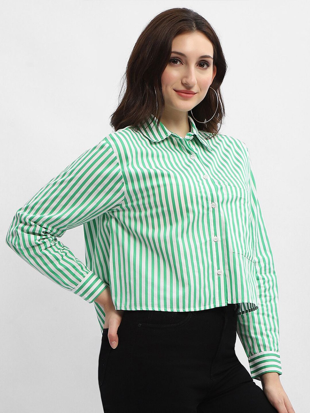 Buy Madame Vertical Striped Pure Cotton Crop Casual Shirt - Shirts