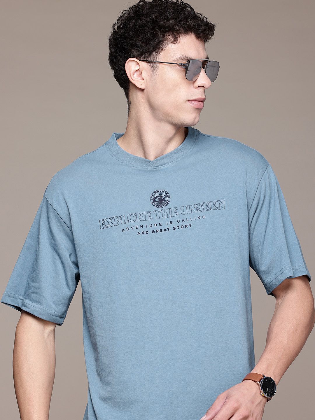 Roadster Cotton Typography Printed Drop-Shoulder Sleeves T-shirt