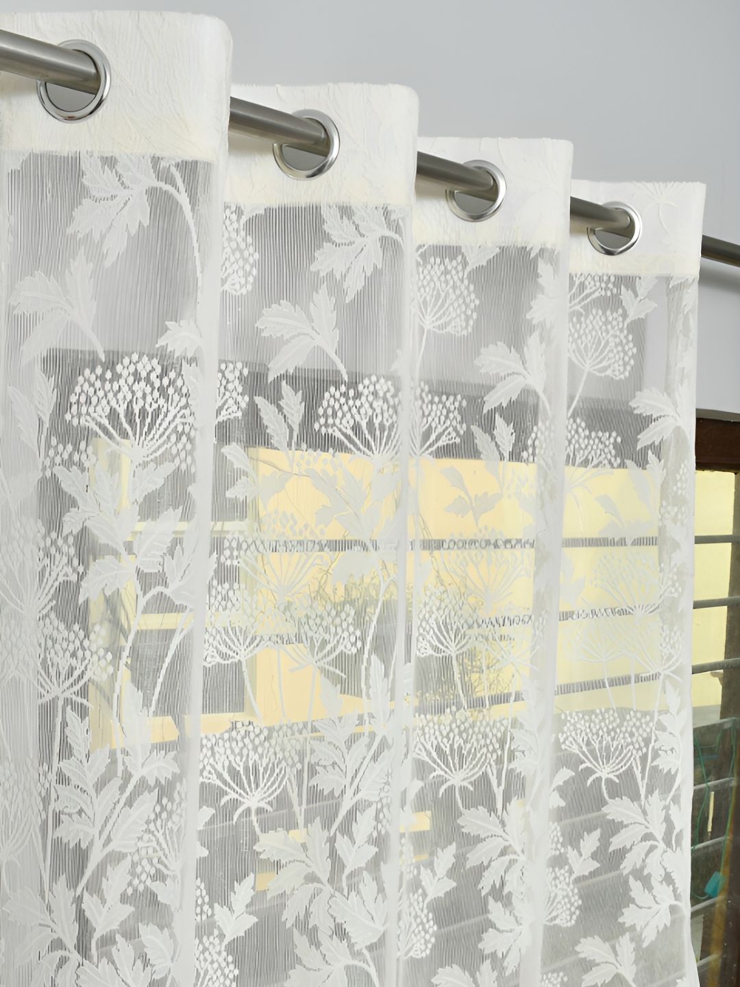 RIDHAAN Cream & White 2 Pieces Floral Sheer Long Door Curtains