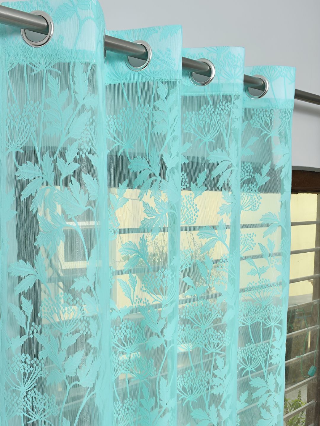 RIDHAAN Turquoise Blue 2 Pieces Floral Sheer Long Door Curtains