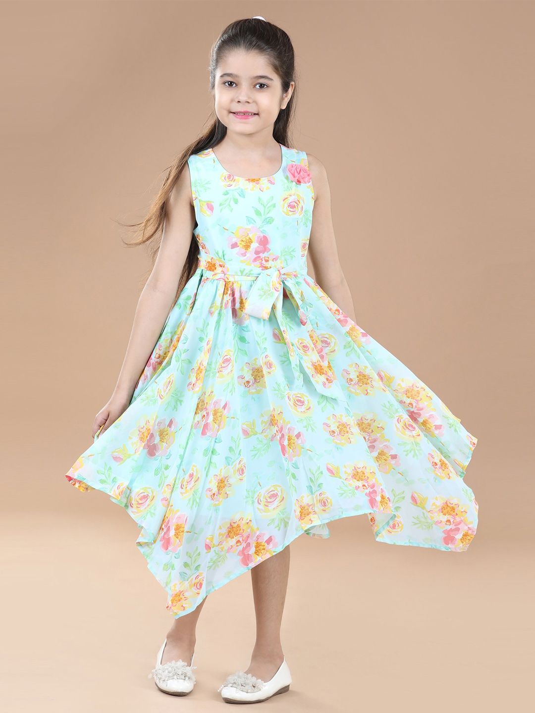 Hola Bonita Girls Round Neck Floral Print Georgette Fit & Flare Midi Dress