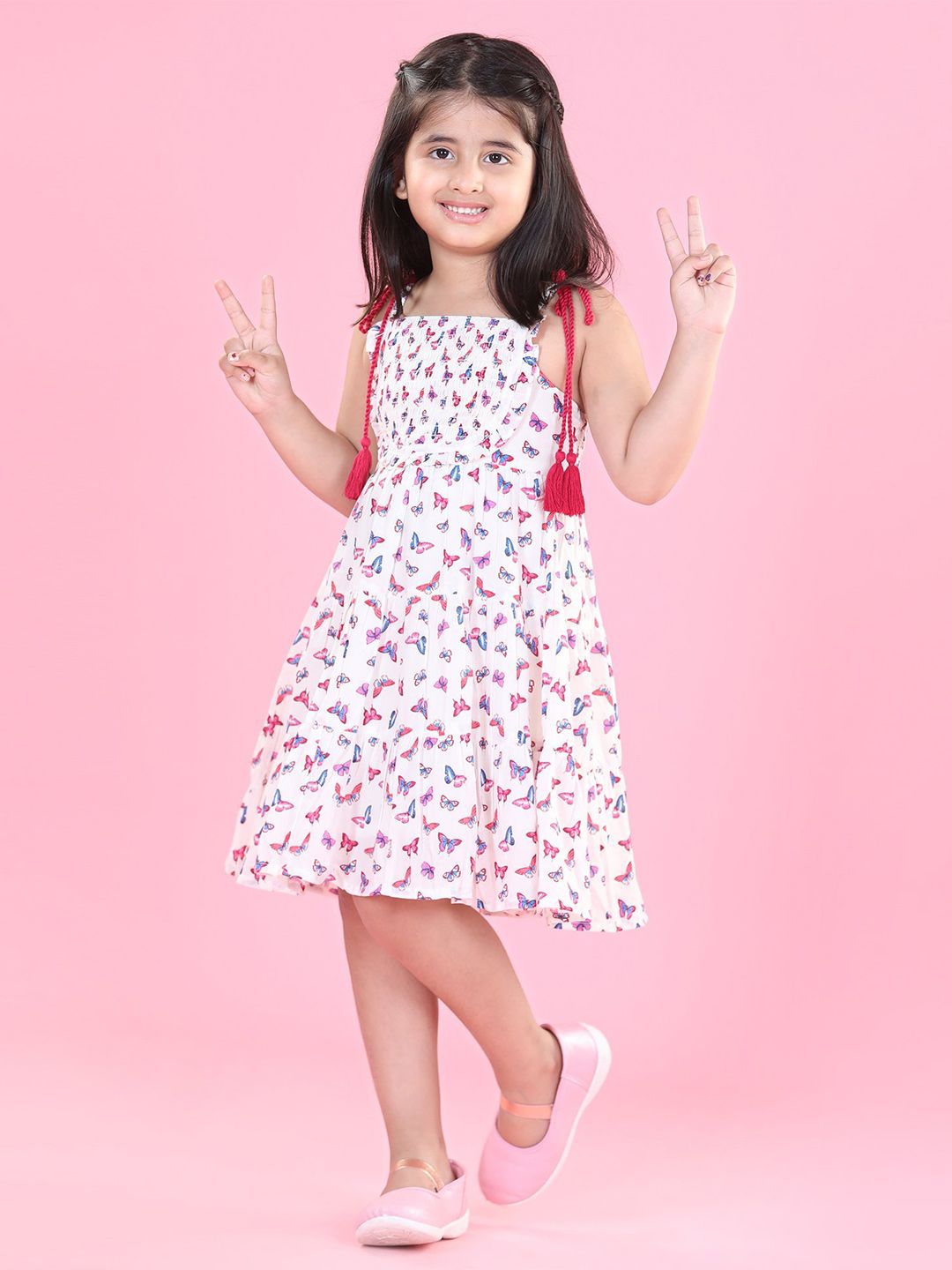 Hola Bonita Girls Butterfly Printed Smocked Fit & Flare Dress