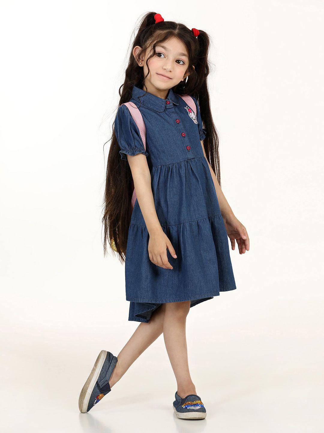 Hola Bonita Girls Shirt Collar Denim Fit & Flare Dress