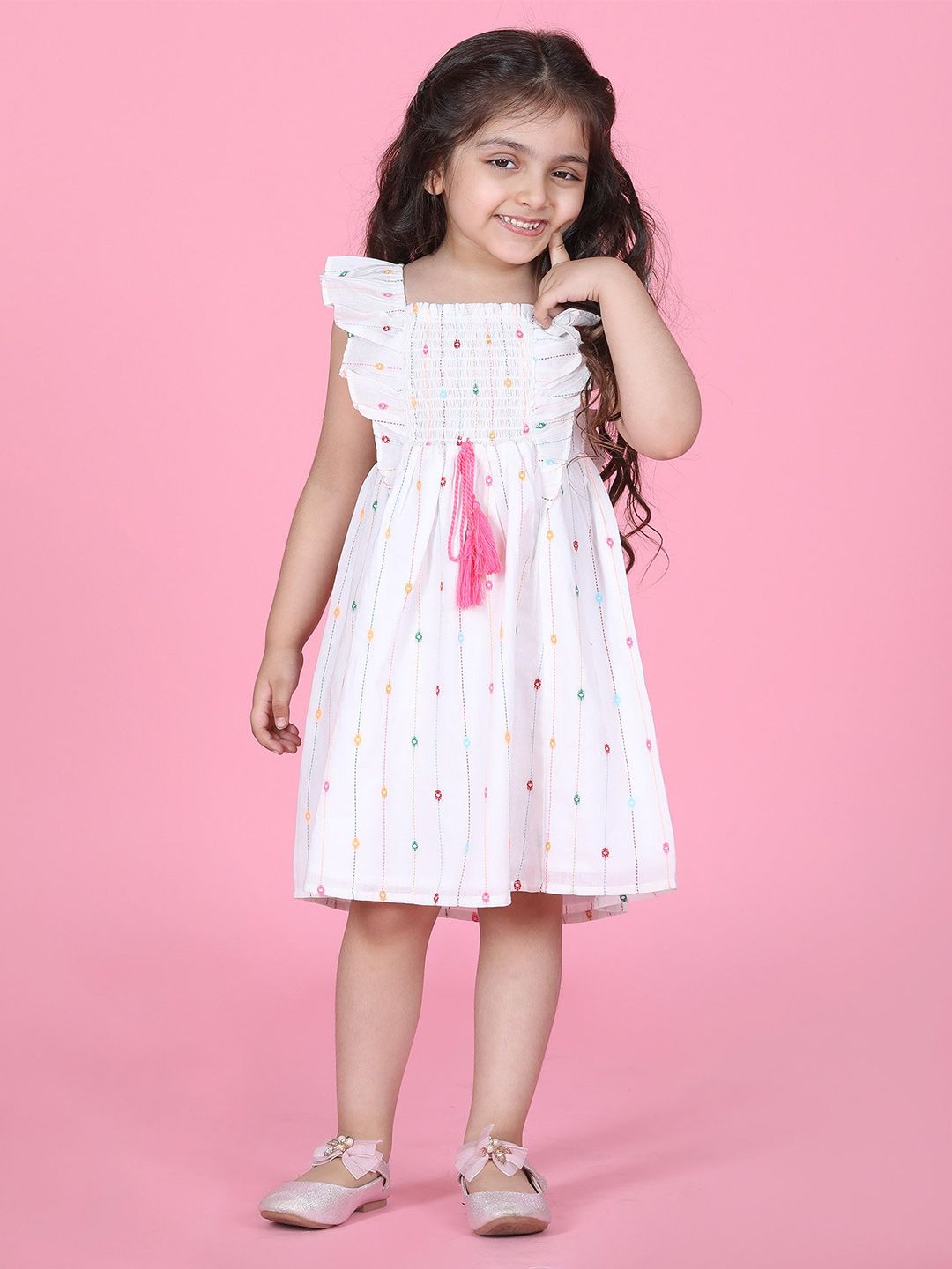 Hola Bonita Girls Polka Dot Printed Cotton Flutter Sleeve Fit & Flare Dress