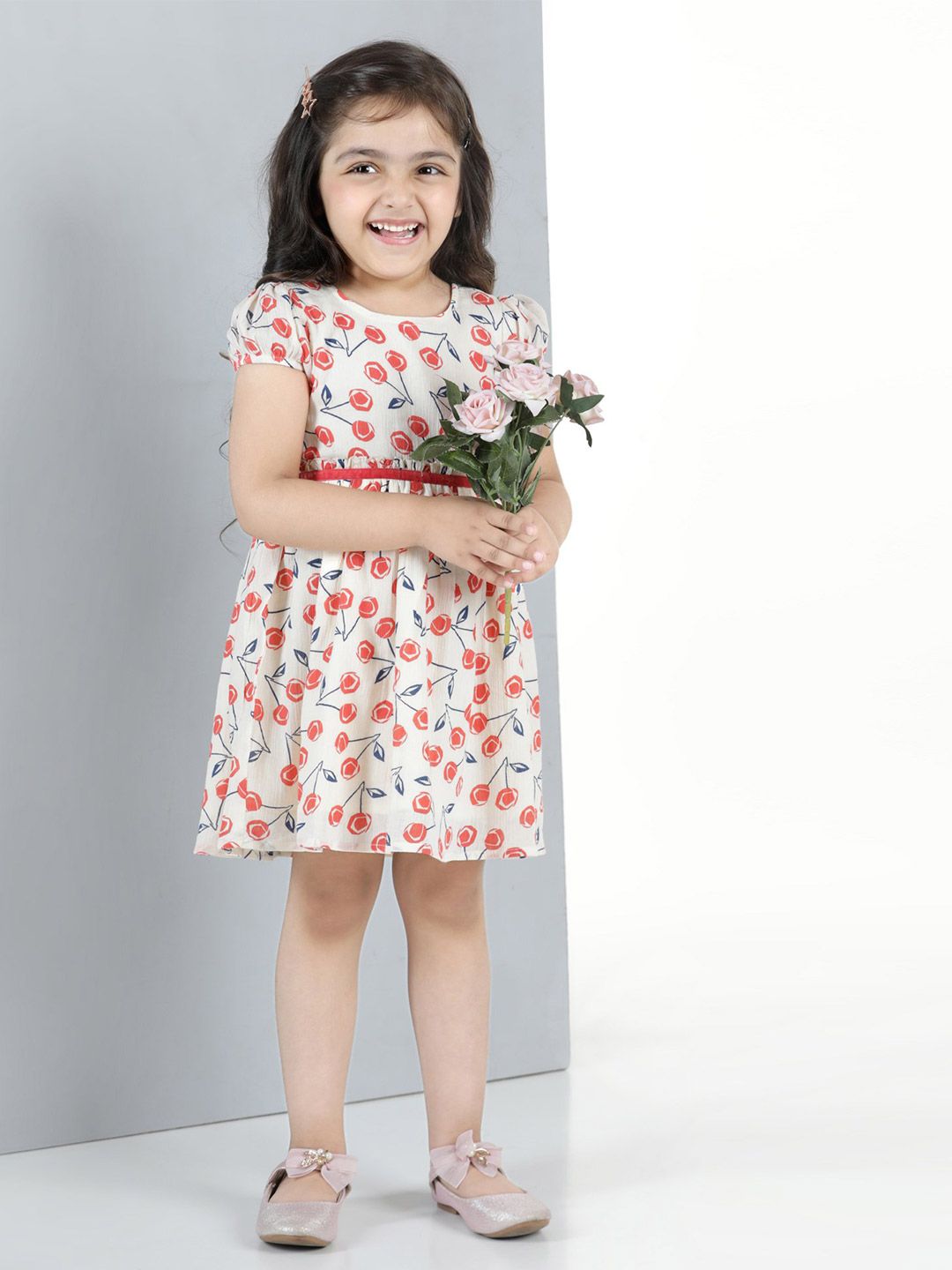 Hola Bonita Girls Round Neck Conversational Print Puff Sleeve Ruffled Fit & Flare Dress