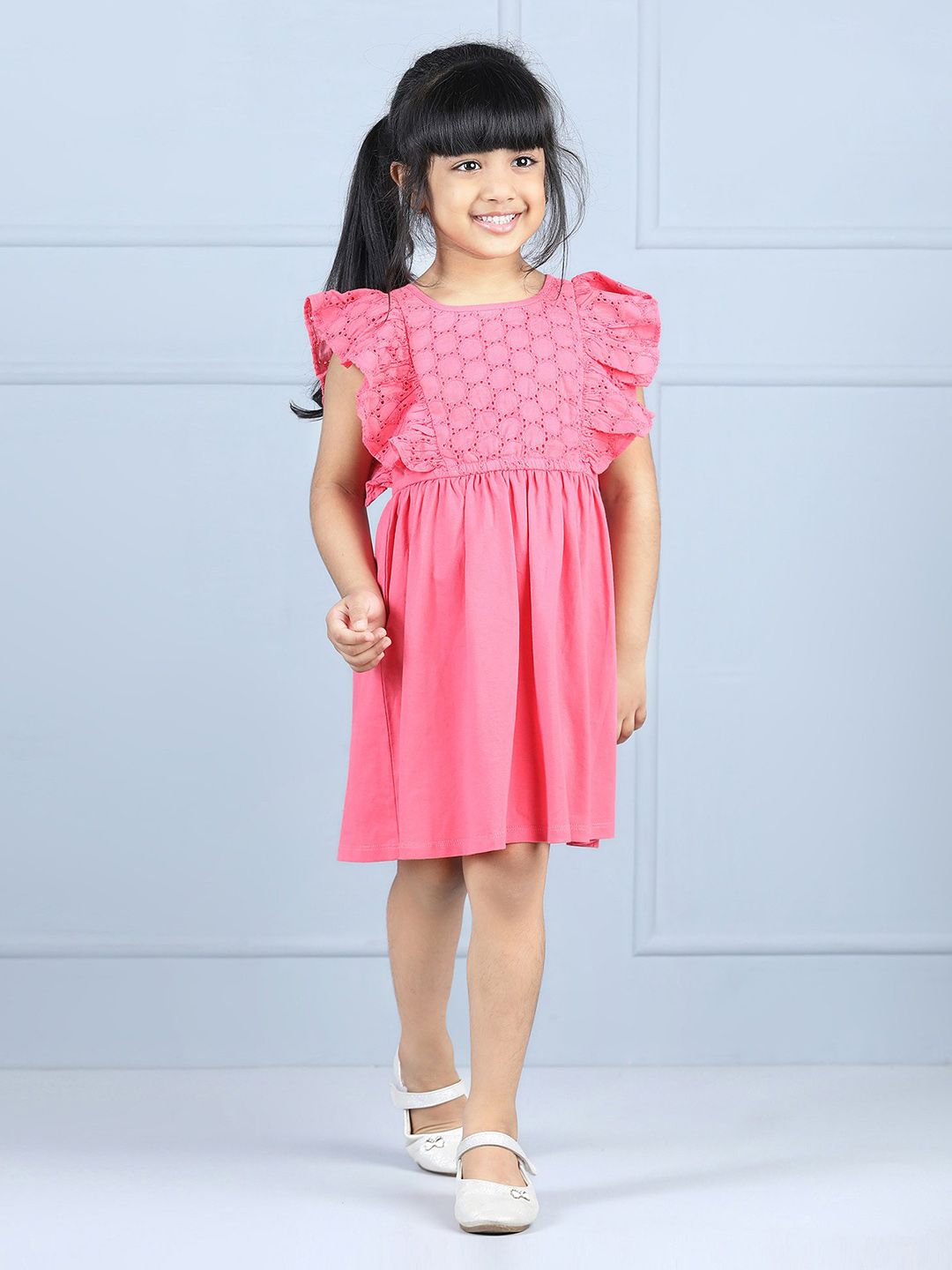 Hola Bonita Girls Self Design Flutter Sleeves Schiffli Fit & Flare Dress