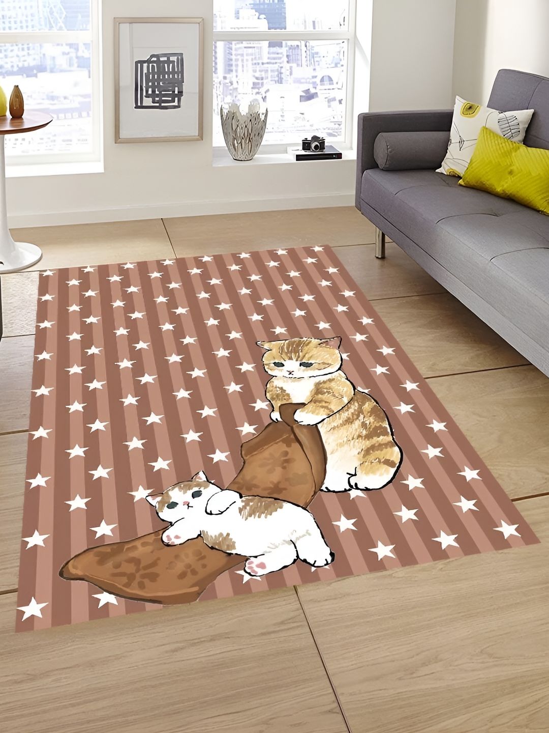 Sparrow world Camel Brown & White Bohemian Printed Anti-Skid Carpet