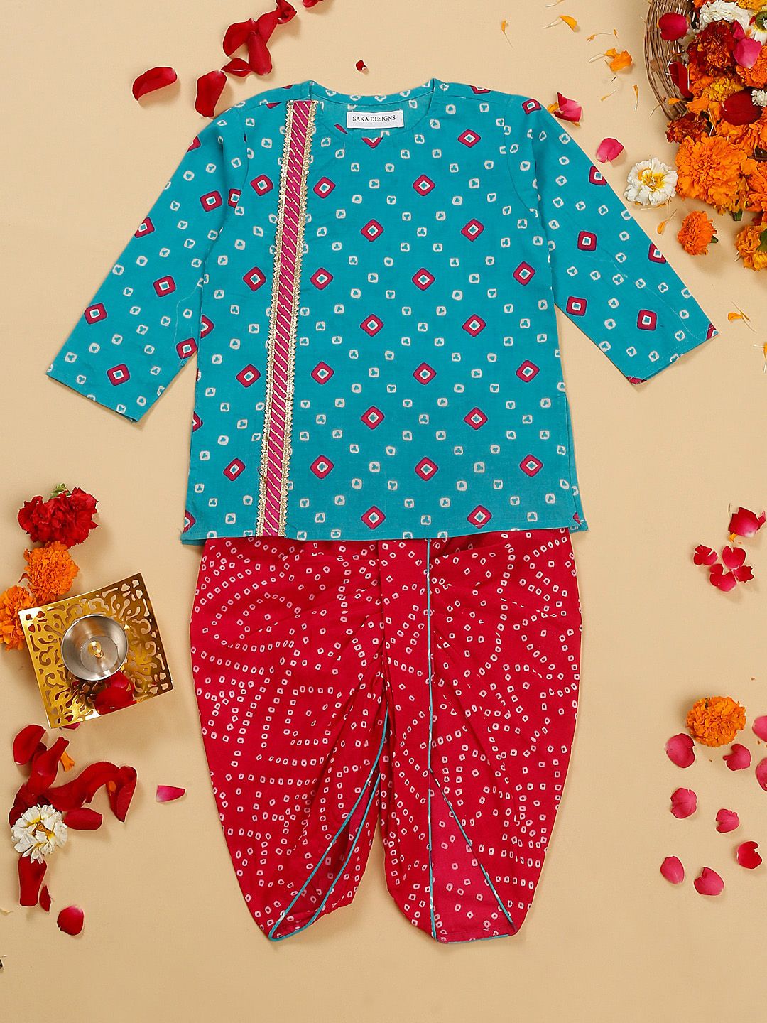 SAKA DESIGNS Boys Bandhani Printed Regular Gotta Patti Pure Cotton Kurta with Dhoti Pants