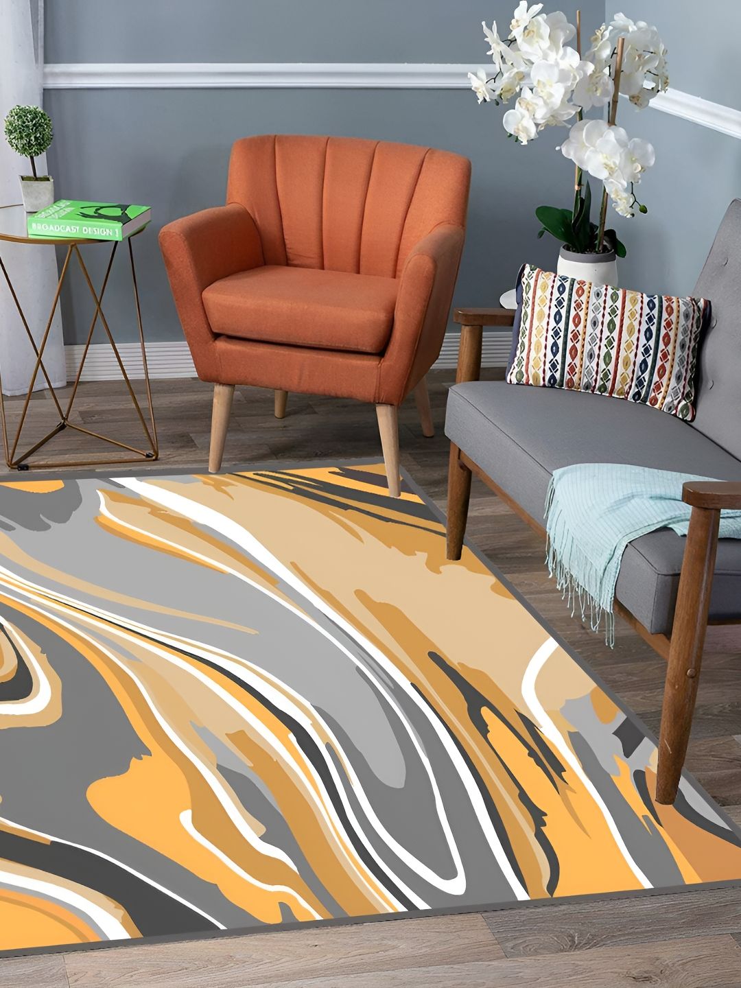 Sparrow world Yellow & Grey Abstract Printed Anti-Skid Carpet