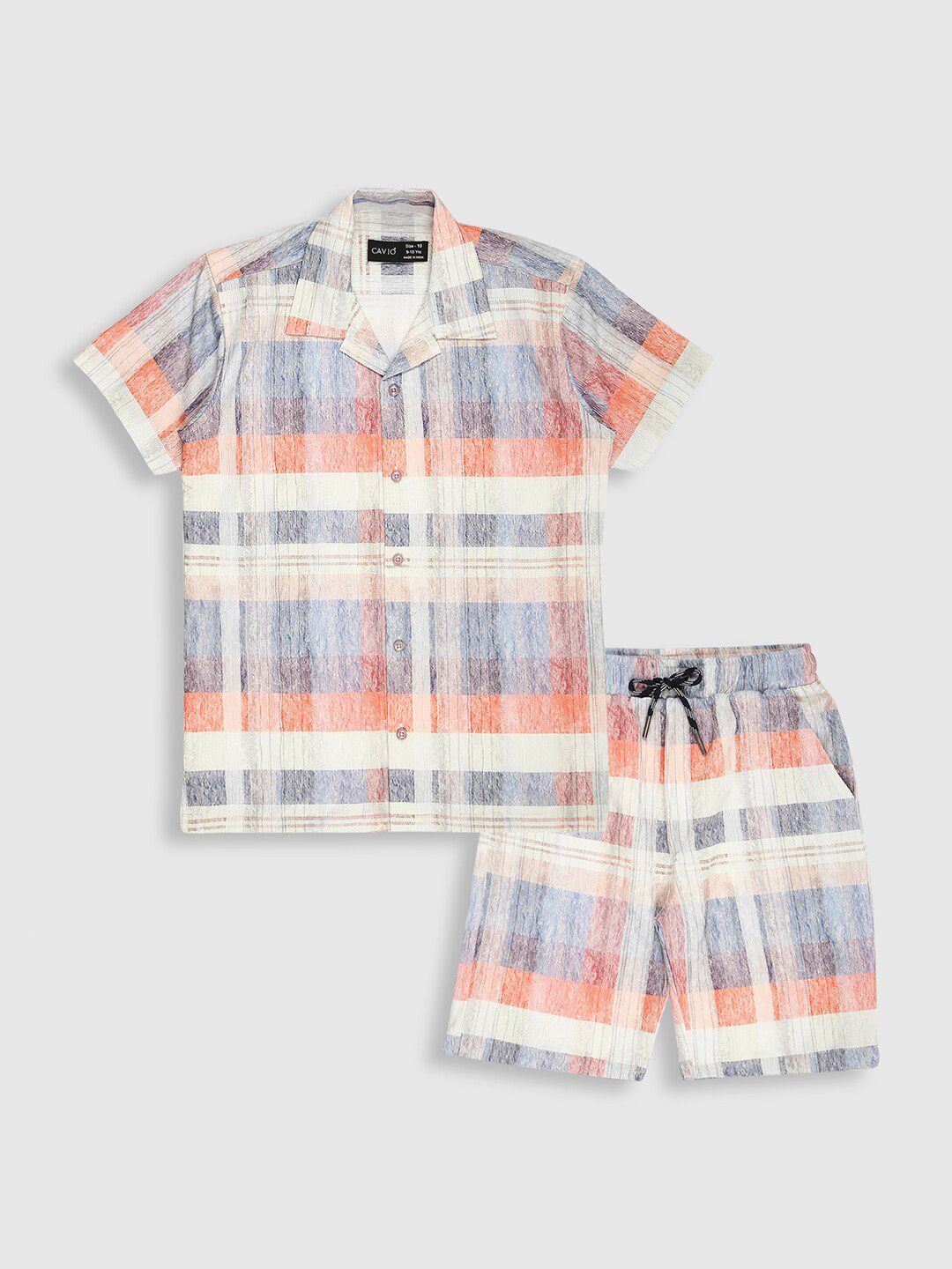 CAVIO Boys Checked Shirt Collar Short Sleeves Pure Cotton Shirt with Short