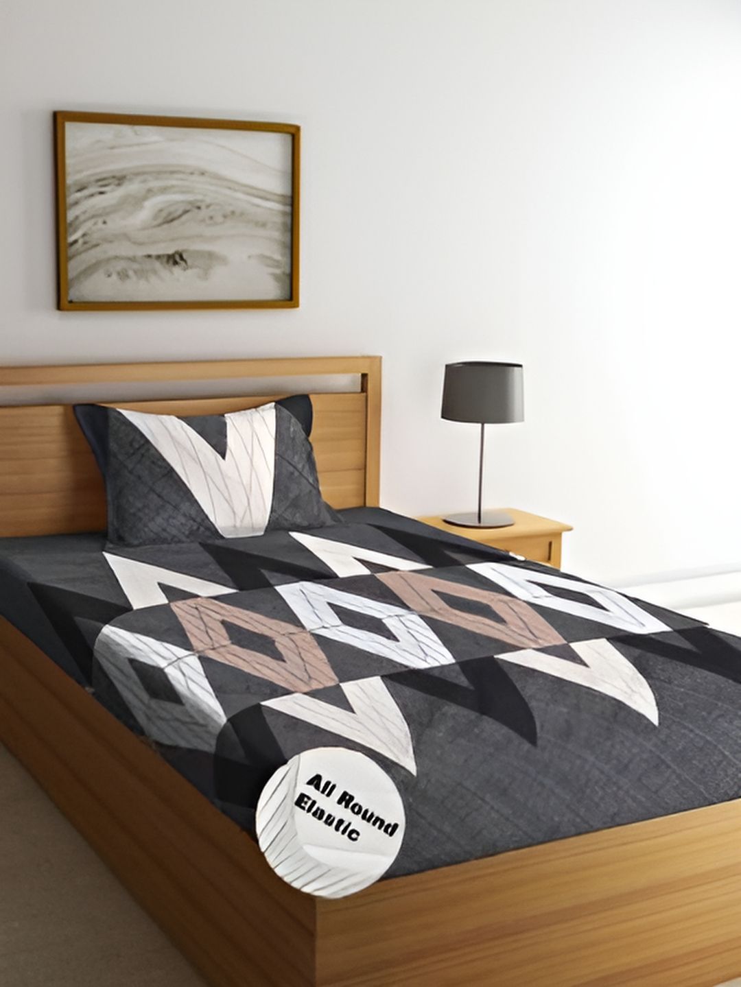 Innovative Edge Grey Abstract Cotton 160 TC Fitted Single Superfine Bedsheet with a Pillow Cover-48 x 78 inches