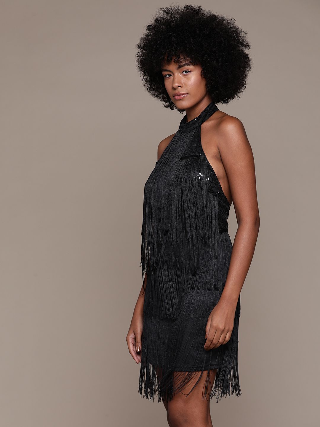 Buy bebe Future Glam Halter Neck Fringed A-Line Mini Dress