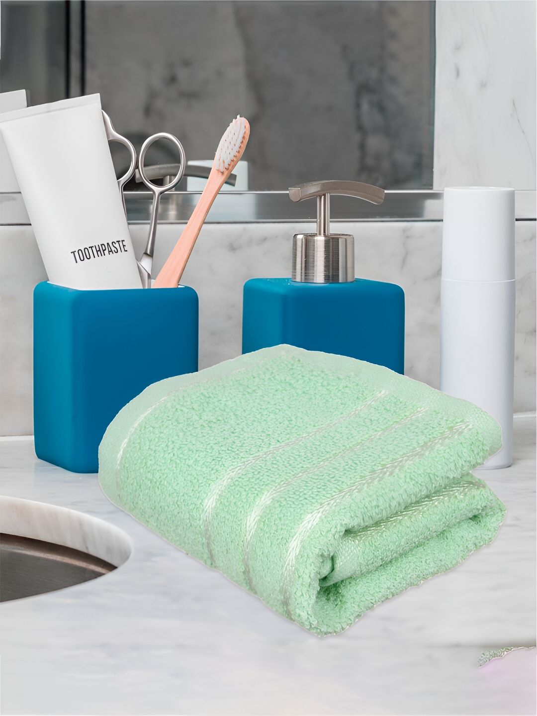 Kuber Industries 4 Pieces Green & Blue Pure Cotton 380 Lining Face Towels