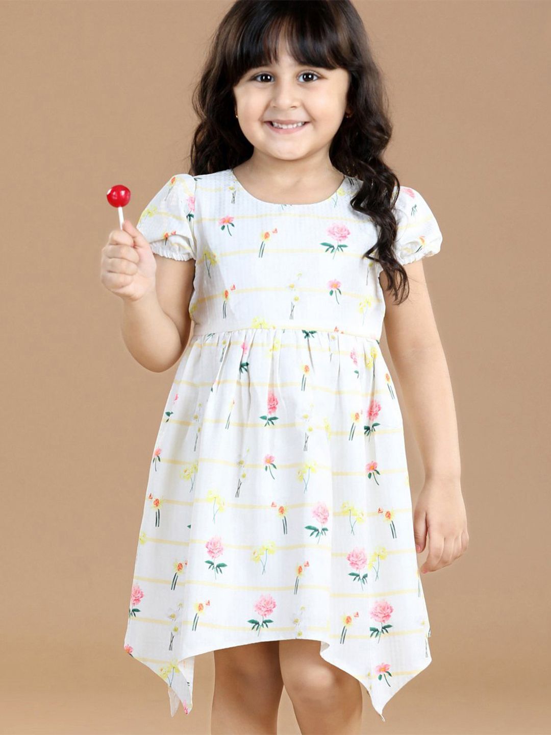 Hola Bonita Girls Floral Print Round Neck Flutter Sleeve A-Line Dress