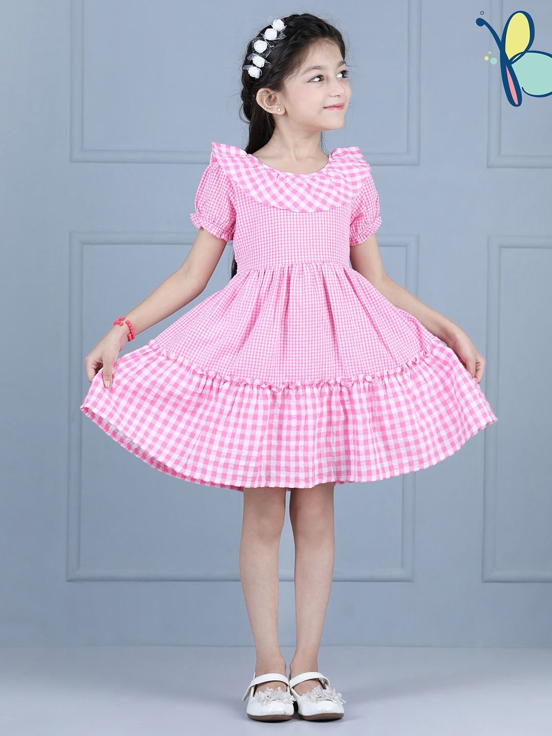 Hola Bonita Girls Checked Puff Sleeve Layered Fit & Flare Dress