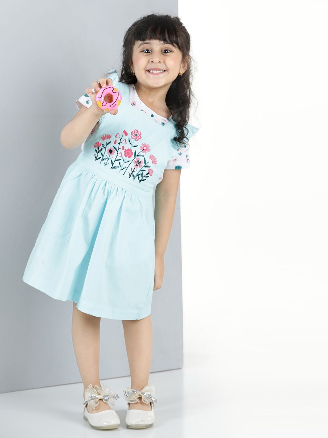 Hola Bonita Girls Floral Embroidered Flutter Sleeve Cotton Fit & Flare Dress