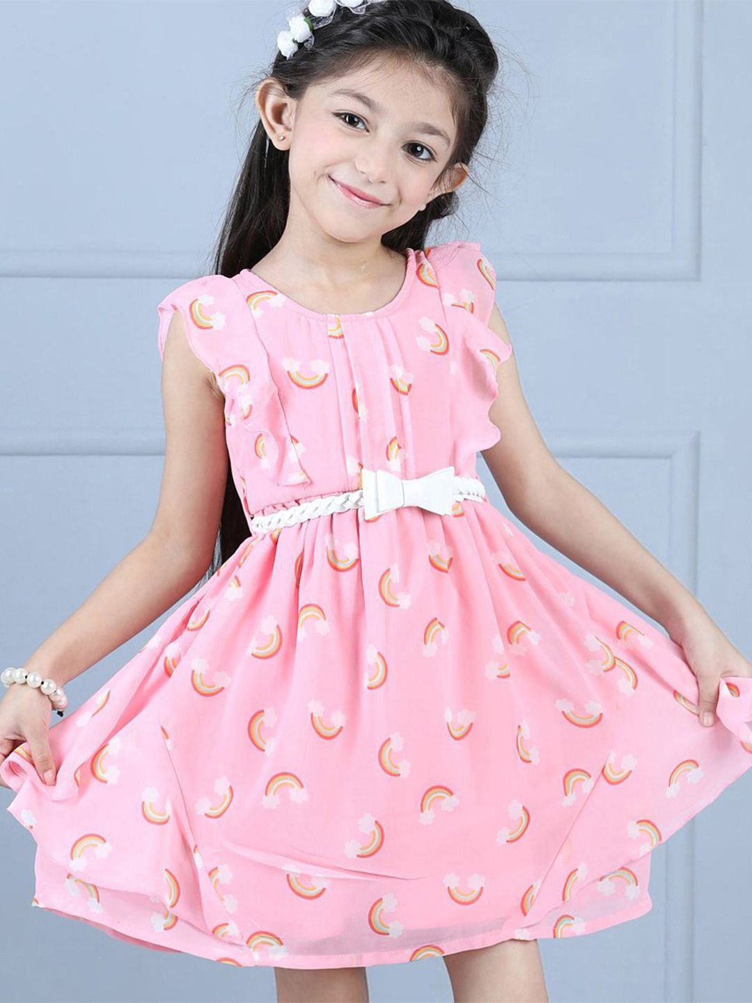 Hola Bonita Girls Conversational Print Round Neck Layered Fit & Flare Dress
