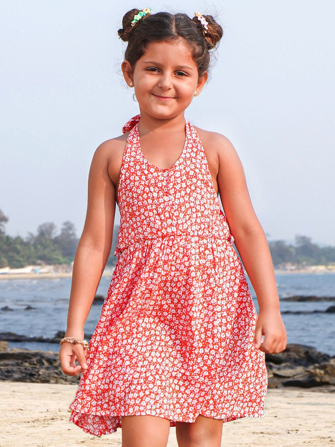 Hola Bonita Girls Floral Printed Halter Neck Belted Fit & Flare Dress
