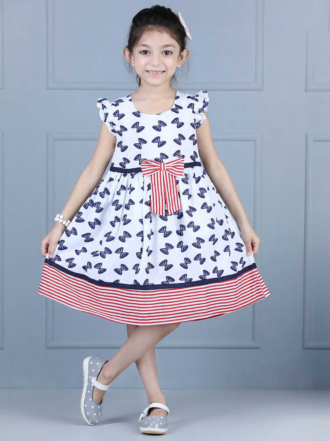 Hola Bonita Girls Abstract Print Cotton Round Neck Flutter Sleeve Fit & Flare Dress