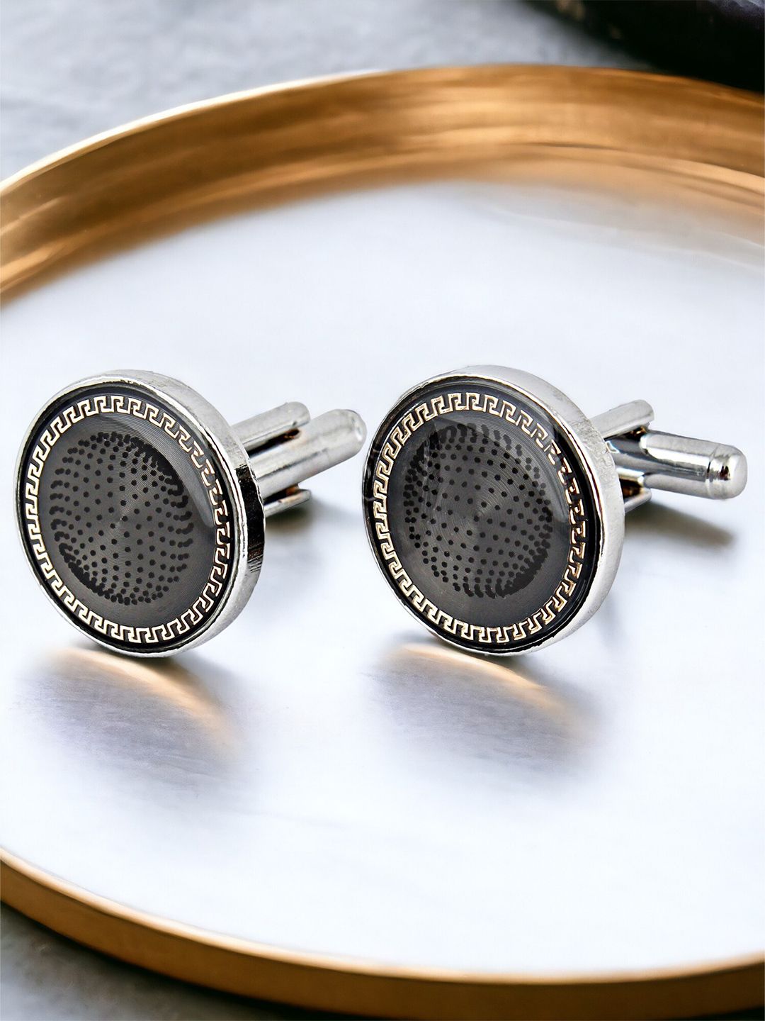 LUCKY JEWELLERY Silver Plated Textured Round Blazer Cufflinks
