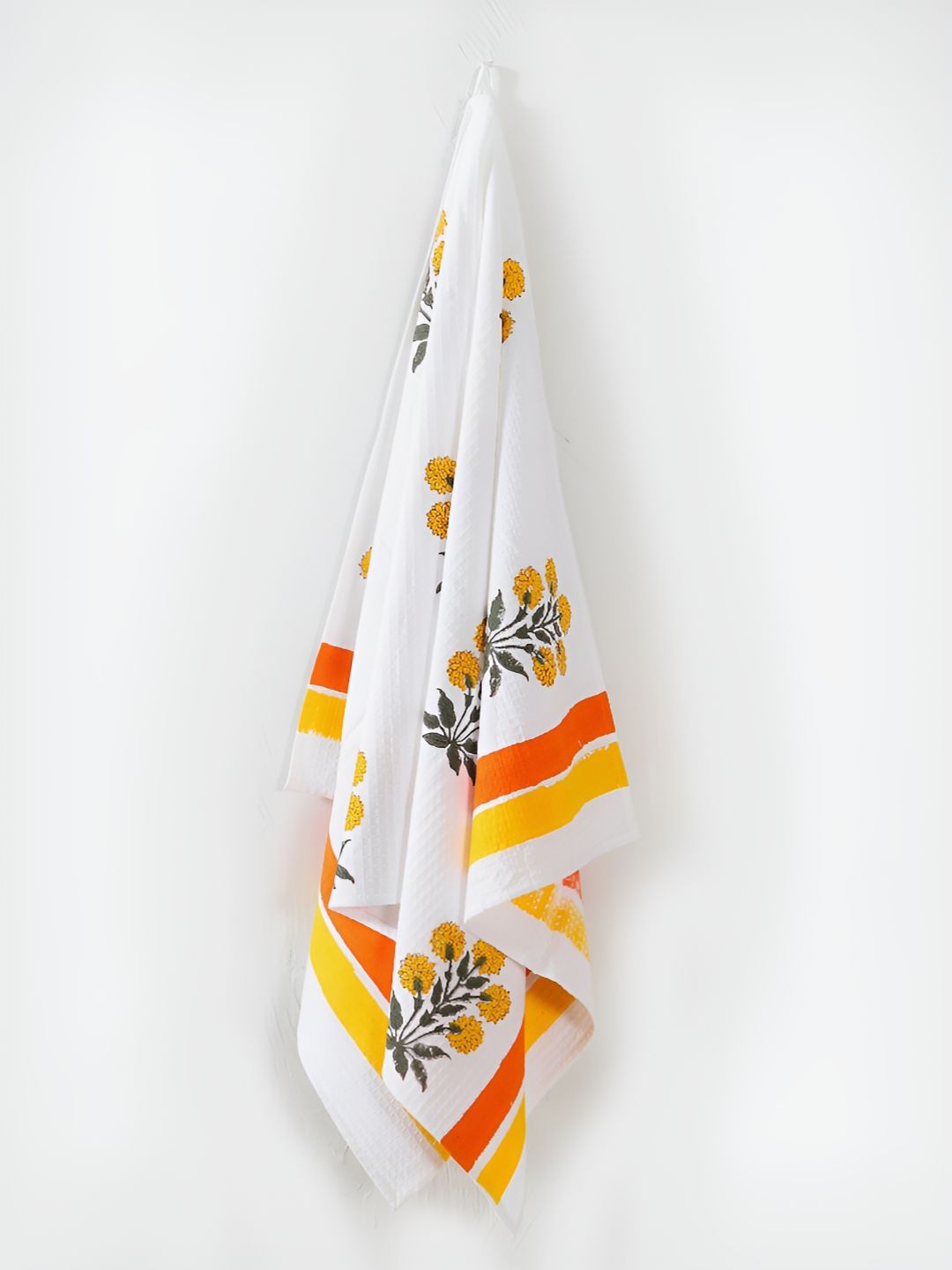 HANDICRAFT PALACE Yellow & White Printed Pure Cotton 250GSM Premium Waffle Bath Towel
