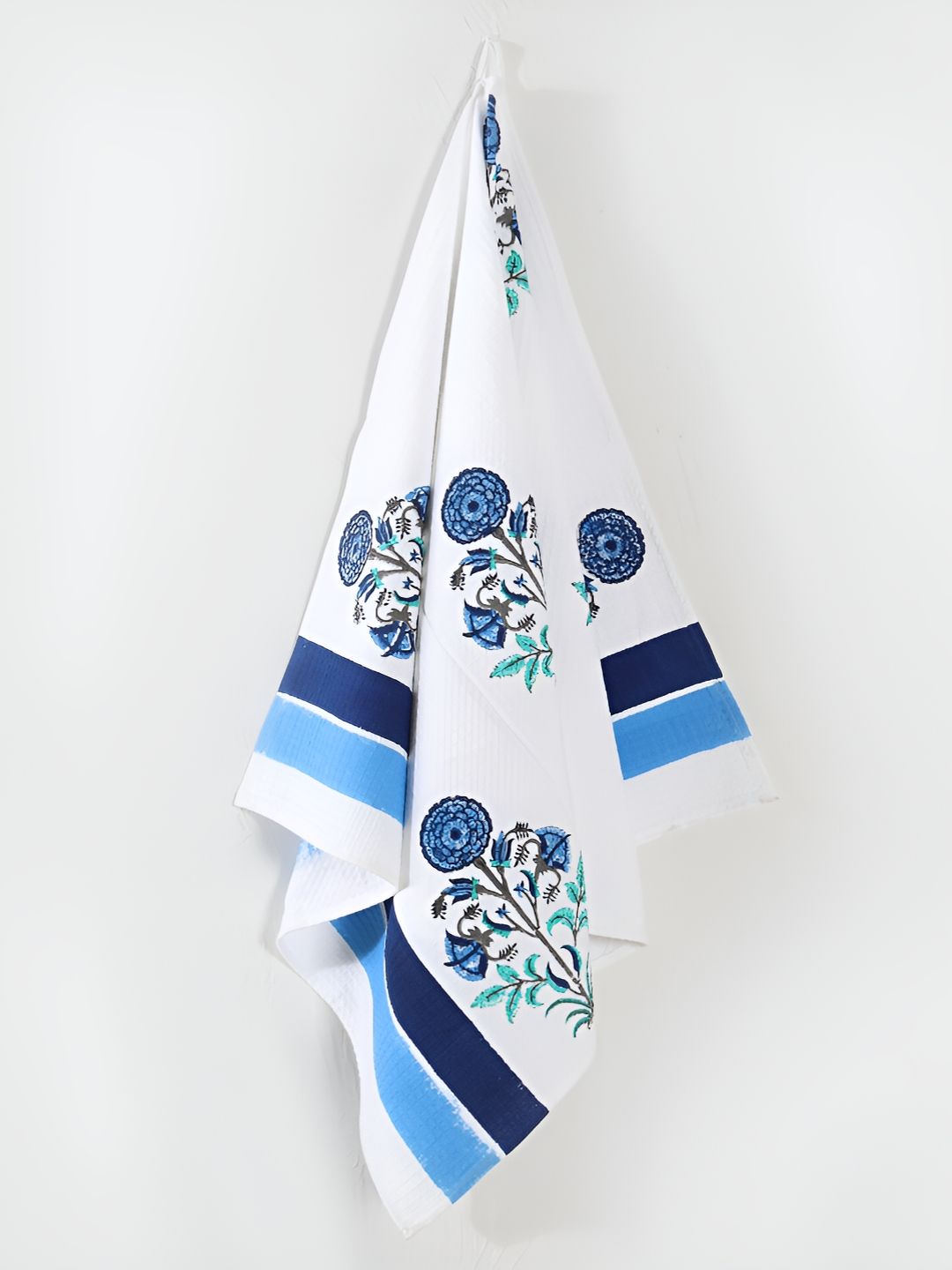 HANDICRAFT PALACE Blue & White Printed Pure Cotton 250GSM Premium Waffle Bath Towel