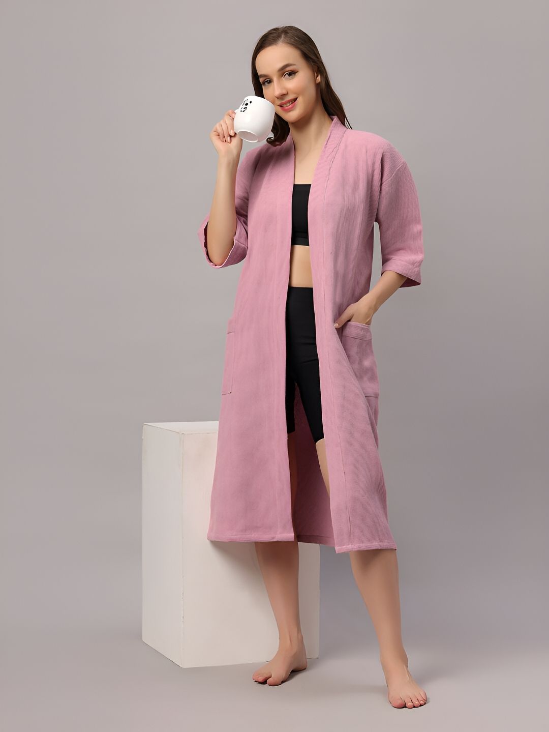 HotGown Pink Waffle Textured Cotton Bath Robe